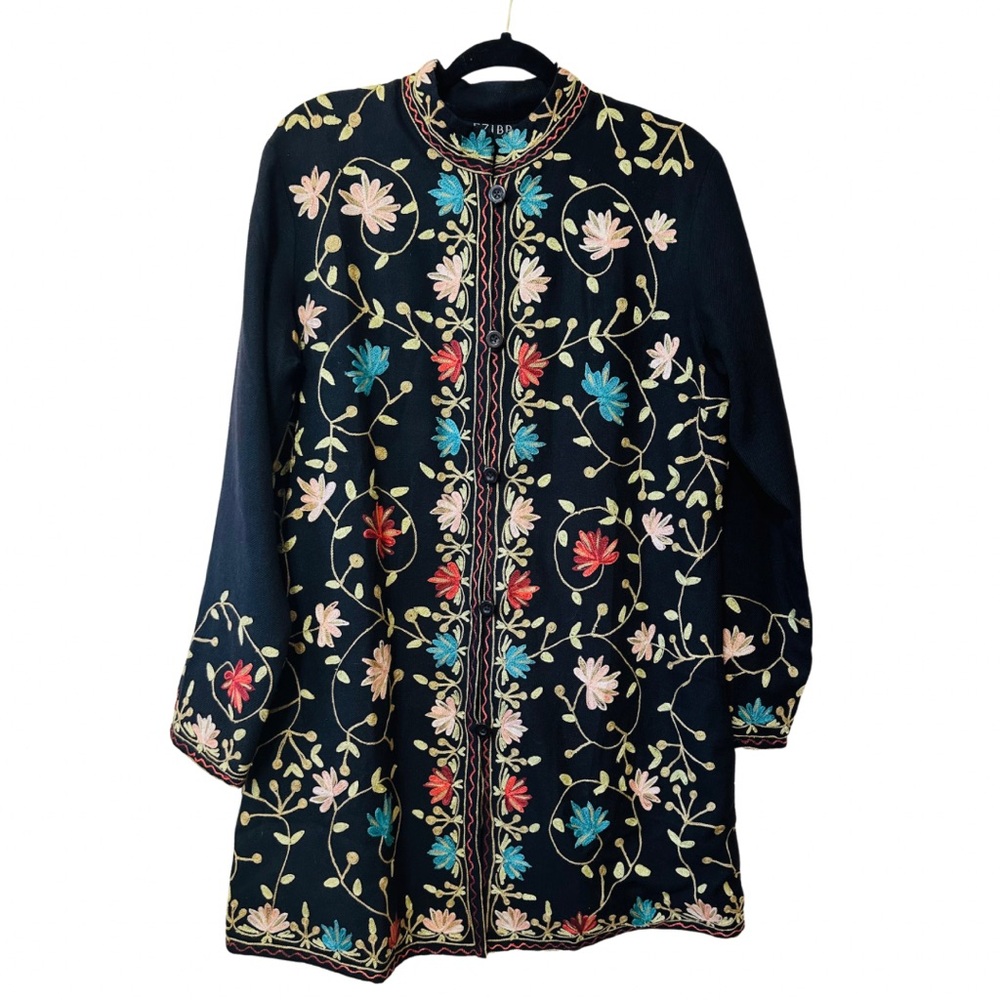 Vintage Eziba Kashmiri Embroidered Rose Button Down Wool Blend Long Coat Large